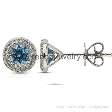 Aquamarine Color March Birthstone CZ Stud Earring (E019)
